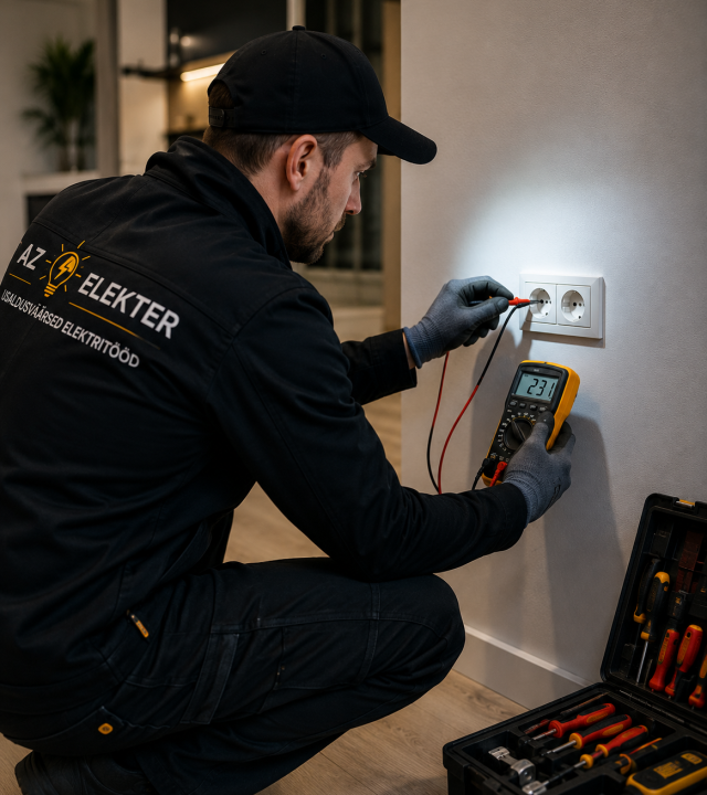 Elektrik kontrollib pistikupesa ja otsib elektririkkeid kaasaegses kodus mõõteseadmega.